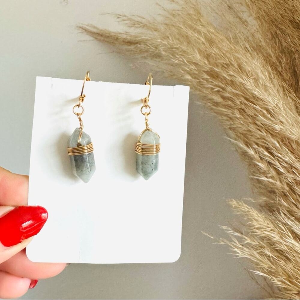 Labradorite Gold Handmade Boho Gemstone Crystal Hoop Earrings Hoops Jewelry - Picture 4 of 11